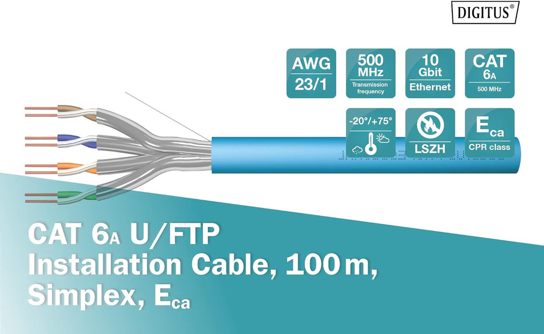 DIGITUS 100 m Cat 6A Netzwerkkabel - U-FTP (PiMF) Simplex - BauPVO Eca - LSZH Halogenfrei - 500 MHz