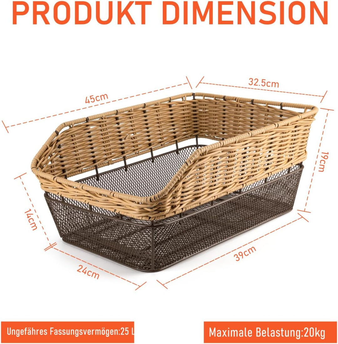 Fahrradkorb Hinten gross,25L Weave fahrradkörbe mitTragkraft bis 20 kg, Sockel aus Metall Schultasch