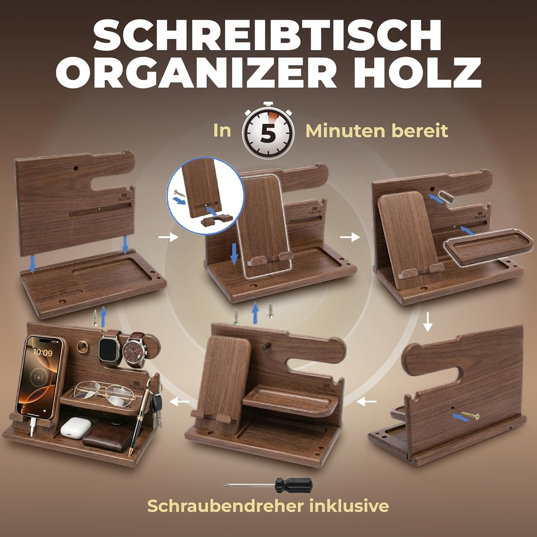 TESLYAR Holz Telefon Dockingstation &amp; Schreibtisch Organizer Holz mit Handyständer Beige für Büro Au