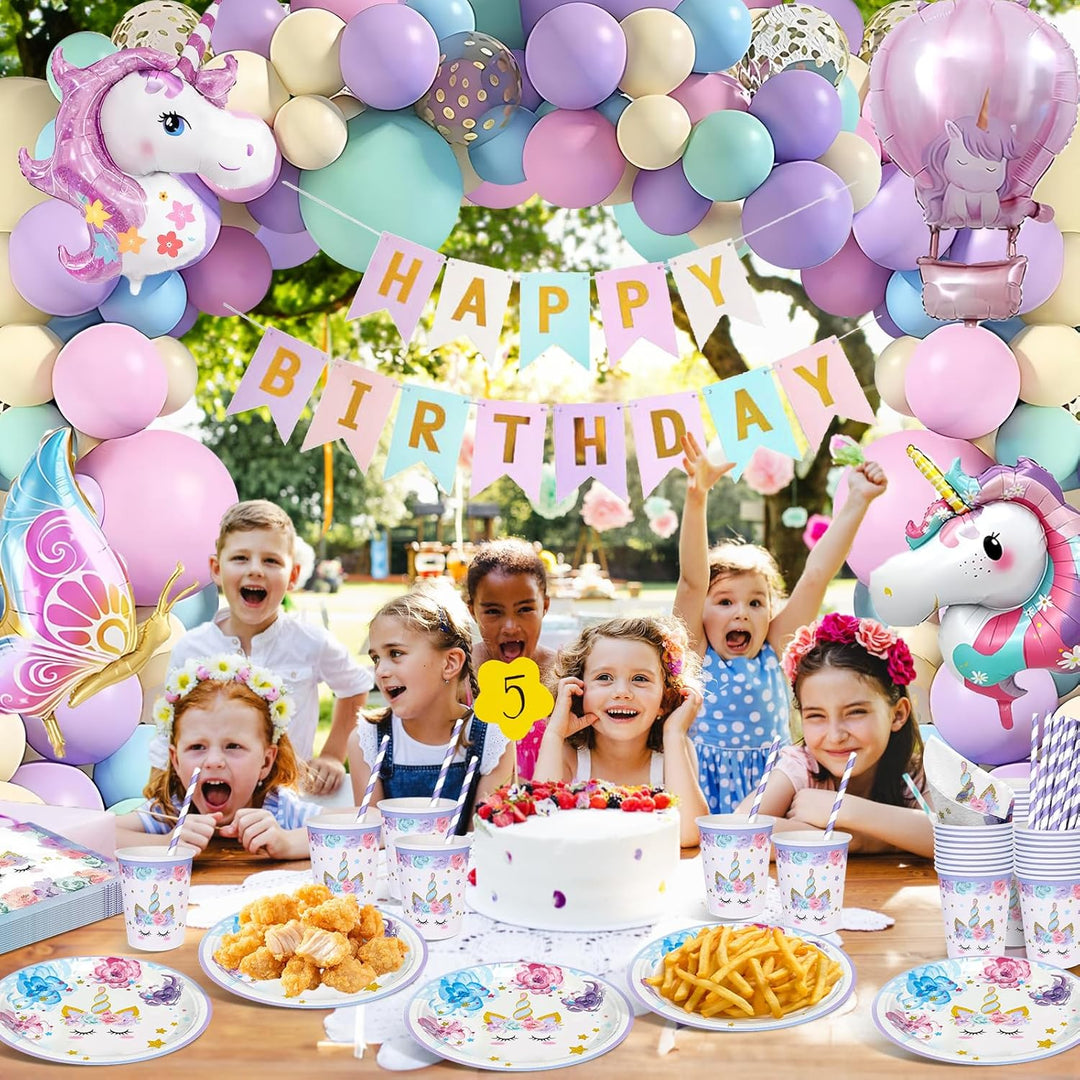 147 Stück Einhorn Geburtstag Partygeschirr Set, Pappteller Kindergeburtstag Deko Luftballons, Einhor
