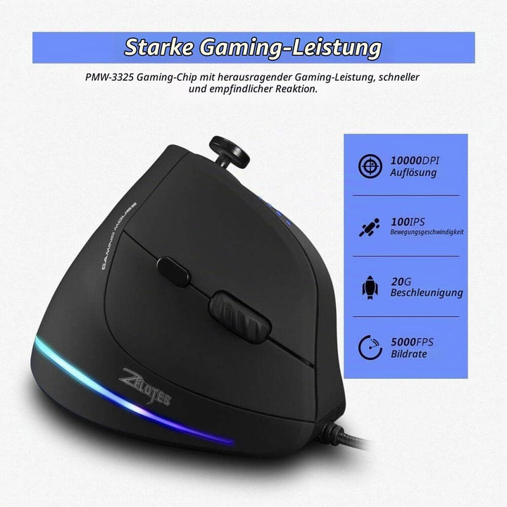 Zeerkeer Vertikale Maus 10000 DPI, ergonomische Maus mit RGB-Beleuchtung, 5 einstellbare DPI (1500-2
