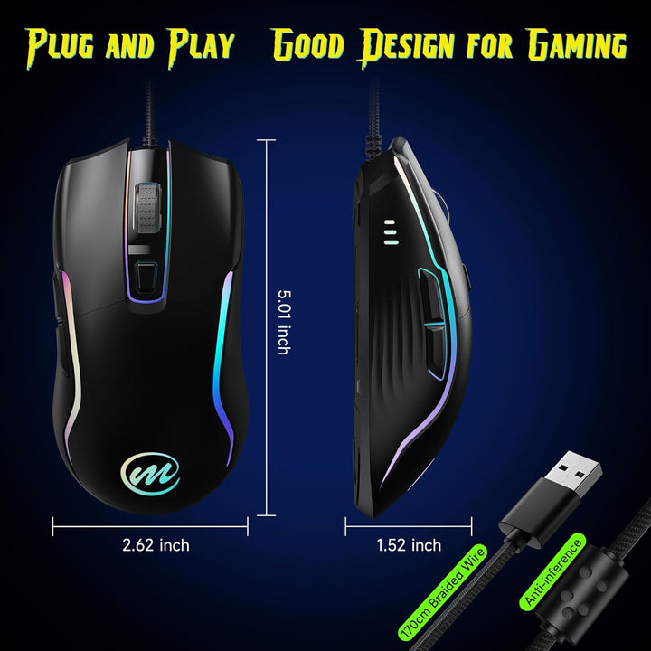 memzuoix Gaming Maus mit Kabel und LED-Lichtern – 12.800 DPI einstellbar, 6 Tasten, 12 RGB-Modi, Erg