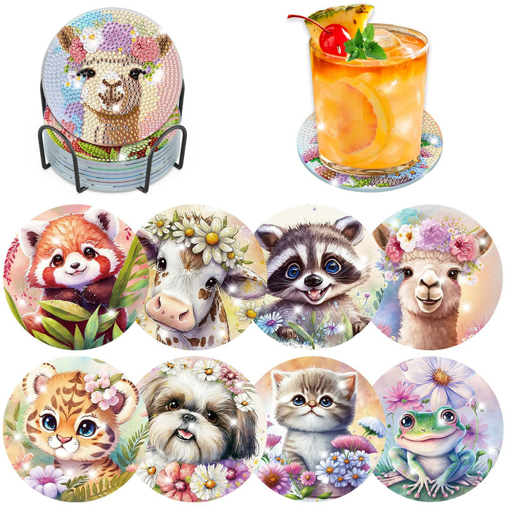 8 STK Diamond Painting Untersetzer Tier mit Halter, Diamant Bilder für Tiere, Tassenuntersetzer mit