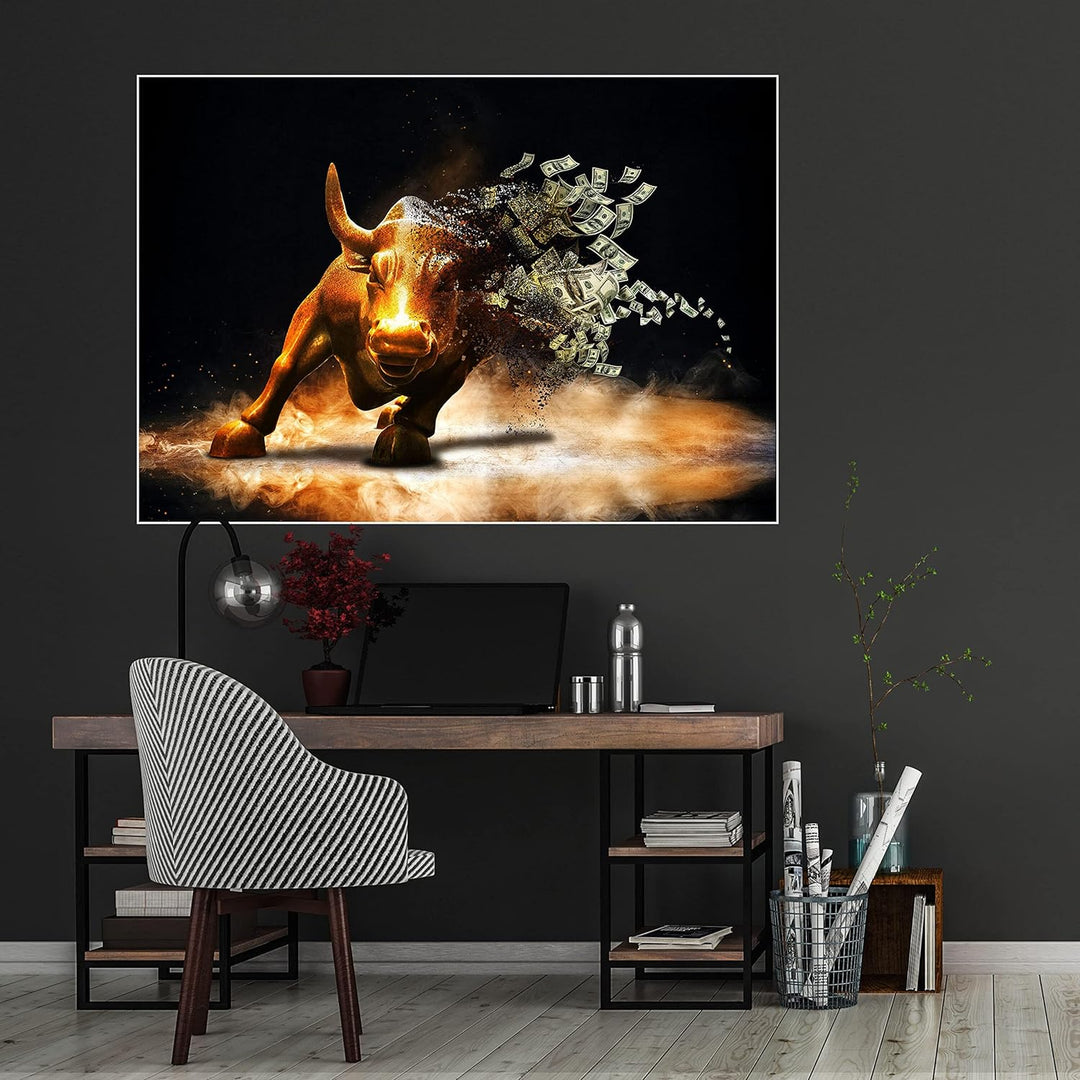 wandmotiv24 Poster als Wanddeko, Grösse 100x70cm, Goldener Stier, Dollar, Geldscheine, Geld, Tier, M