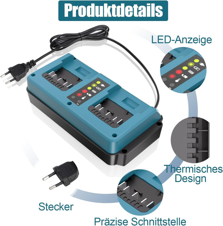 KUNLUN Ladegerät für Bosch Professional 18V-Akku, Daul Port Ersatzladegerät mit LED-Anzeige für Bosc