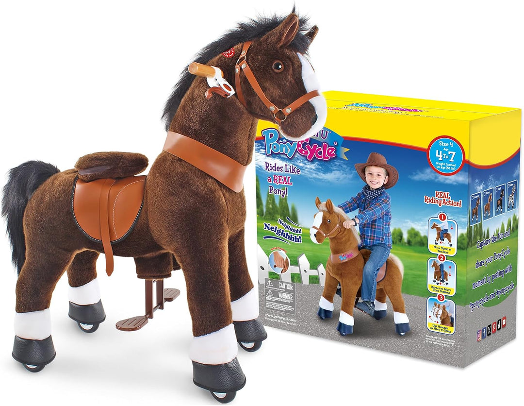PonyCycle® Schaukelpferd auf Rollen | für Kinder 4–7 Jahre, 89cm | Braunes Plüsch Reitpferd mit Hand