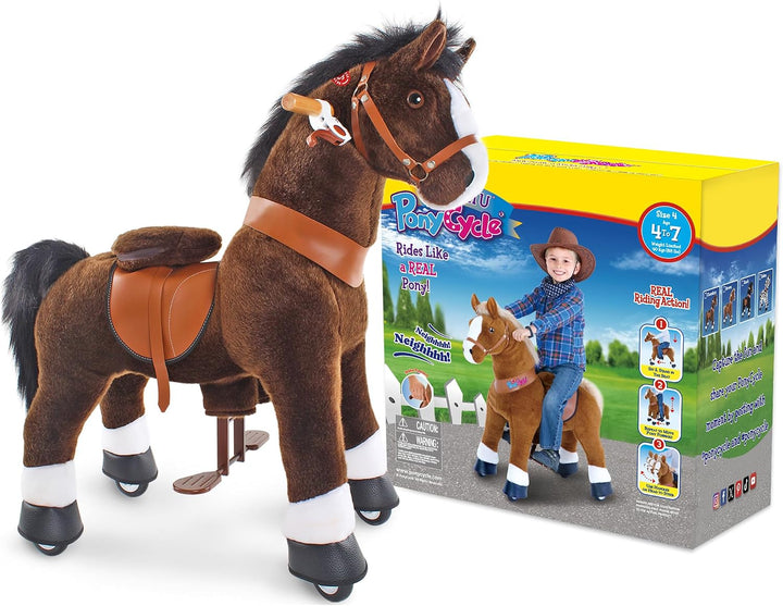 PonyCycle® Schaukelpferd auf Rollen | für Kinder 4–7 Jahre, 89cm | Braunes Plüsch Reitpferd mit Hand