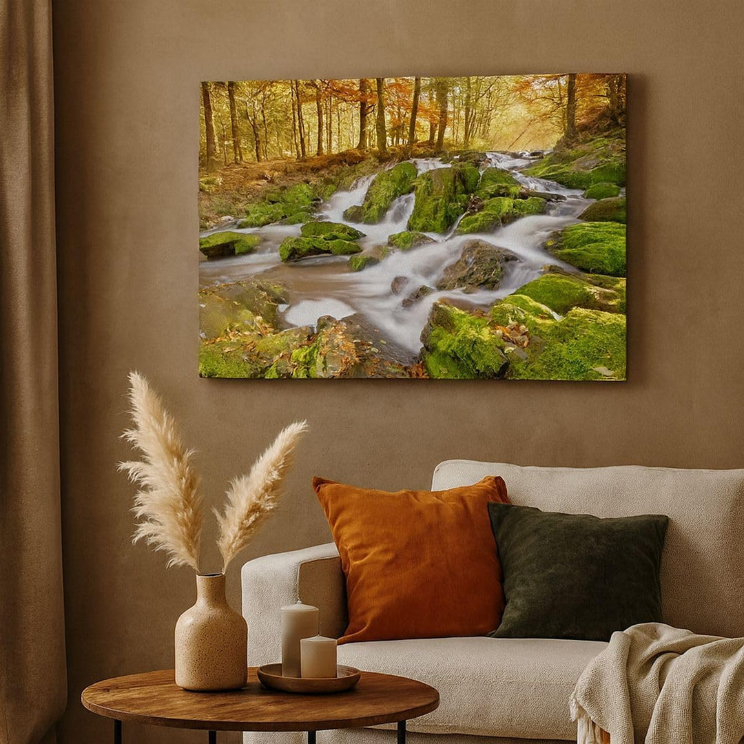 Bilder auf Leinwand Sonne Berg Bach Park Leinwandbild mit Rahmen 70x50cm Wandbilder Dekoration Wohnz