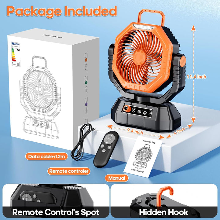 AJVV Camping Ventilator mit akku 20000mAh, Akku Ventilator mit Fernbedienung/LED Licht/270° Drehung,