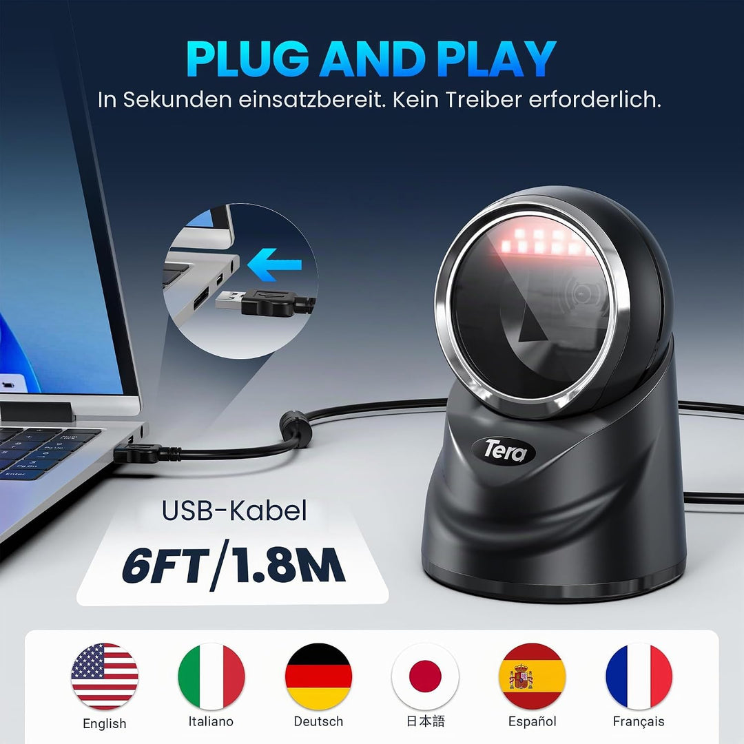 Tera Pro 2D QR Desktop Barcode Scanner Omnidirektional Einstellbarer Scankopf, USB Wired Handsfree P