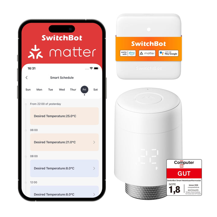SwitchBot Smart Heizkörperthermostat Matter Combo, Bluetooth-Thermostat mit App&Zeitplanung, Energie