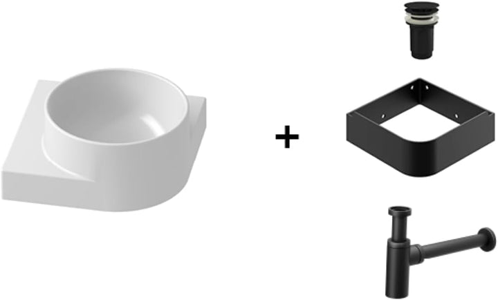 Eckwaschbecken-Set mit Original-Einbauregal und Schwarz Zubehör, Eckwaschbecken zur Wandmontage mit