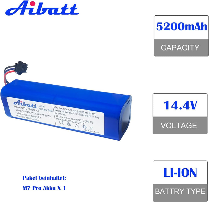 Aibatt Li-Ion Akku 14.4v 5200mAh Ersatzakku für Proscenic M7 Pro,LDS M7 Pro,M8 Pro,M7 Max,U6 Roboter