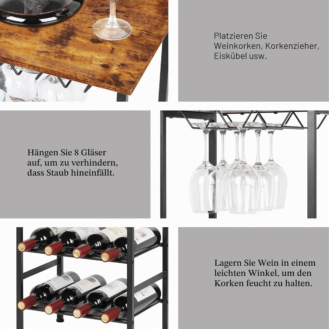 YBING Weinregal, Freistehend, Boden-Weinbarregal mit Glashalter und Tischplatte, 8 Flaschen, Holz-We