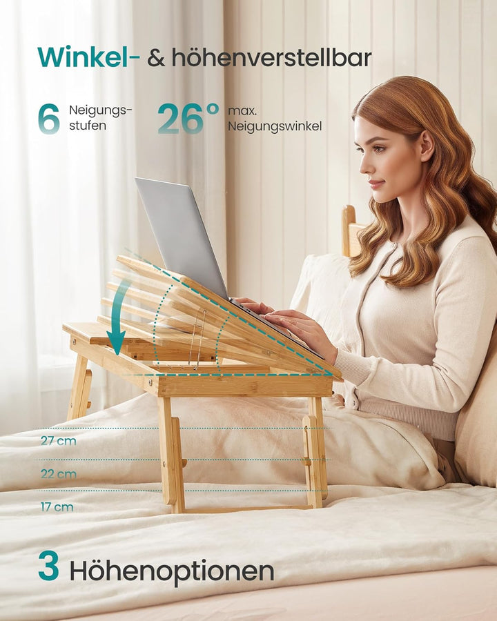 SONGMICS Höhenverstellbarer Laptoptisch mit Schublade, klappbarer Notebooktisch aus Bambus, Betttisc