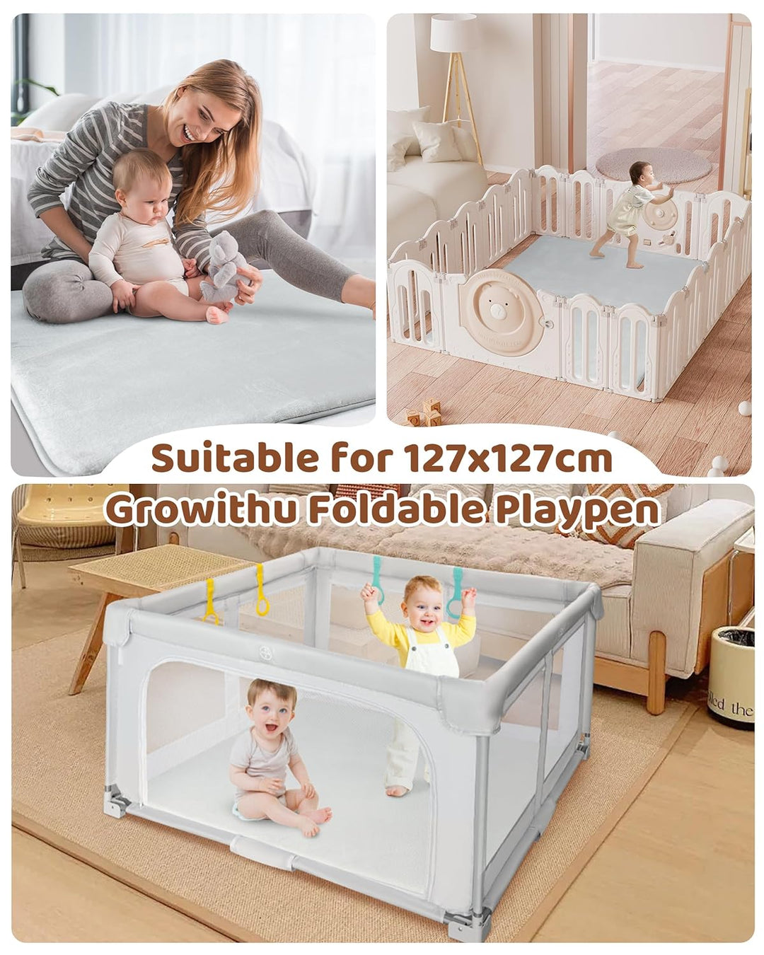 Samtige Baby-Spielmatte für den Boden: 127 * 127 * 3 Weicher Memory-Schaum-Teppich für Laufgitter, r