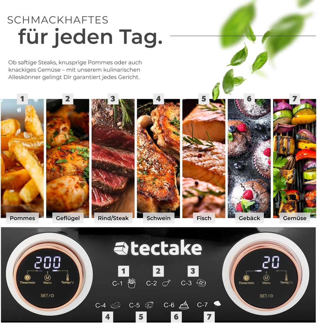 tectake® Heissluftfritteuse 2 Kammern, XXL Doppelkammer Airfryer mit 7 Programmen, 8L Dual Fritteuse