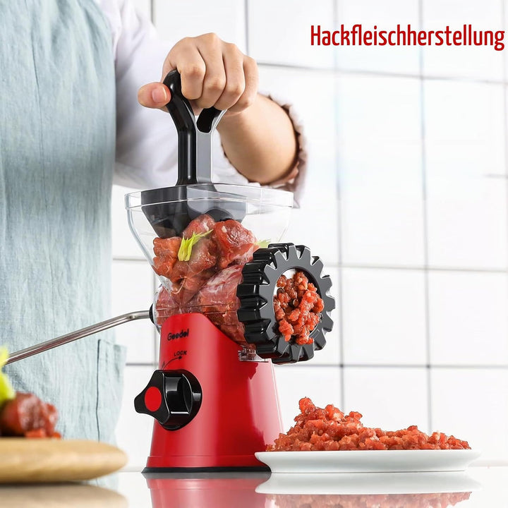 Geedel Fleischwolf Manuell, 4 in 1 Hackfleisch Zerkleinerer Edelstahl mit Wurstfüller Spritzgebäckvo