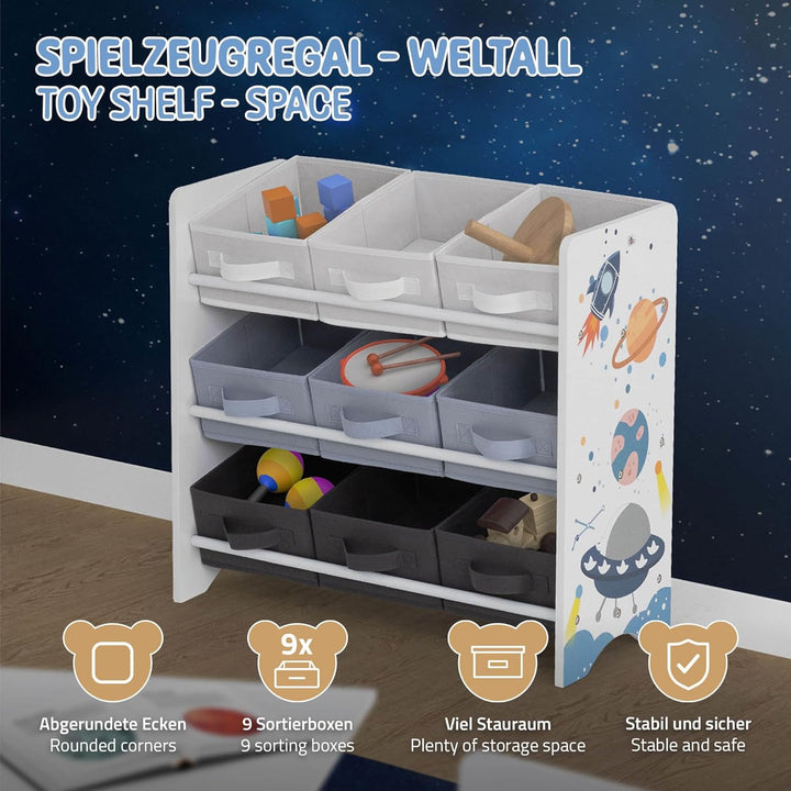 Joyz Kinderregal, Weltraum, 62,5x29,5x60 cm, Weiss, Spielzeugregal mit 9 Aufbewahrungsboxen aus Vlie