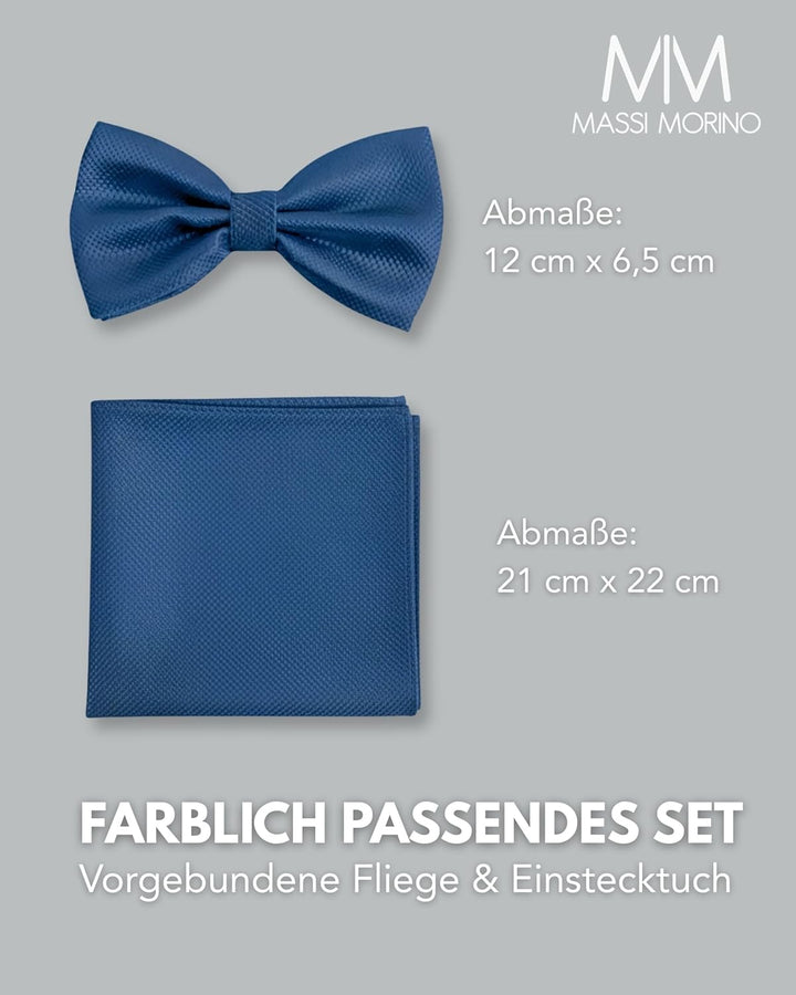 Massi Morino Fliege mit Einstecktuch für Herren Set - Anzug Herrenfliege zur Hochzeit - Verstellbare