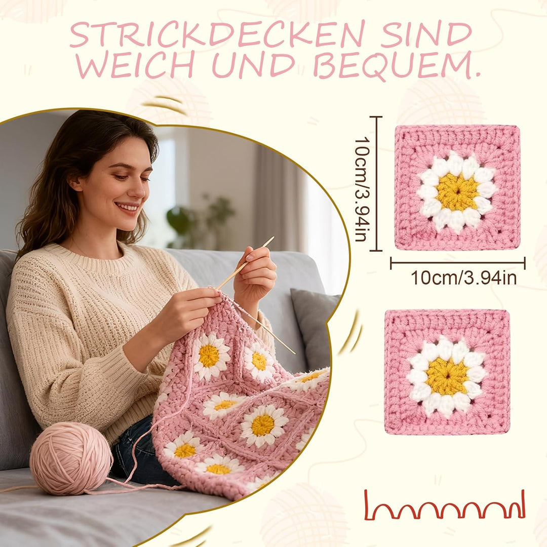 CZCMYAU Häkelset für Anfänger,Komplettes Häkeldeckensatz für Erwachsene,Granny Square Decke Häkelsta
