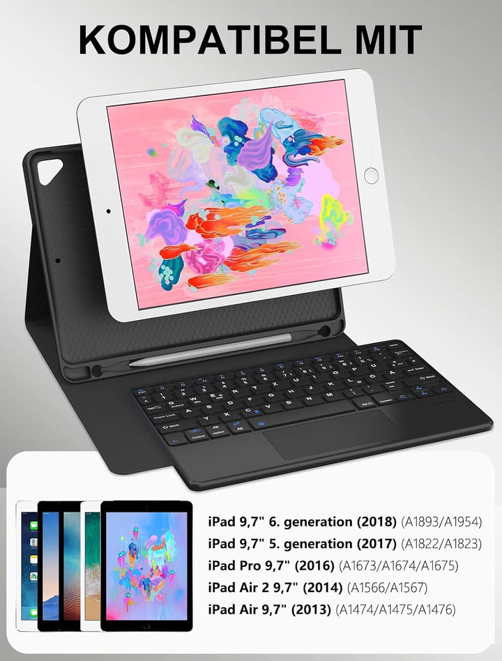 JADEMALL Für iPad 6. Generation Hülle mit DE Tastatur und Touchpad, Abnehmbare Bluetooth Tastatur Hü