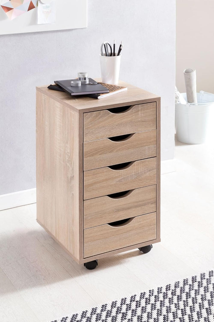 Rollcontainer 33 x 64 x 38 cm MDF-Holz 5 Schubladen Sonoma | Moderner Schubladencontainer mit Rollen