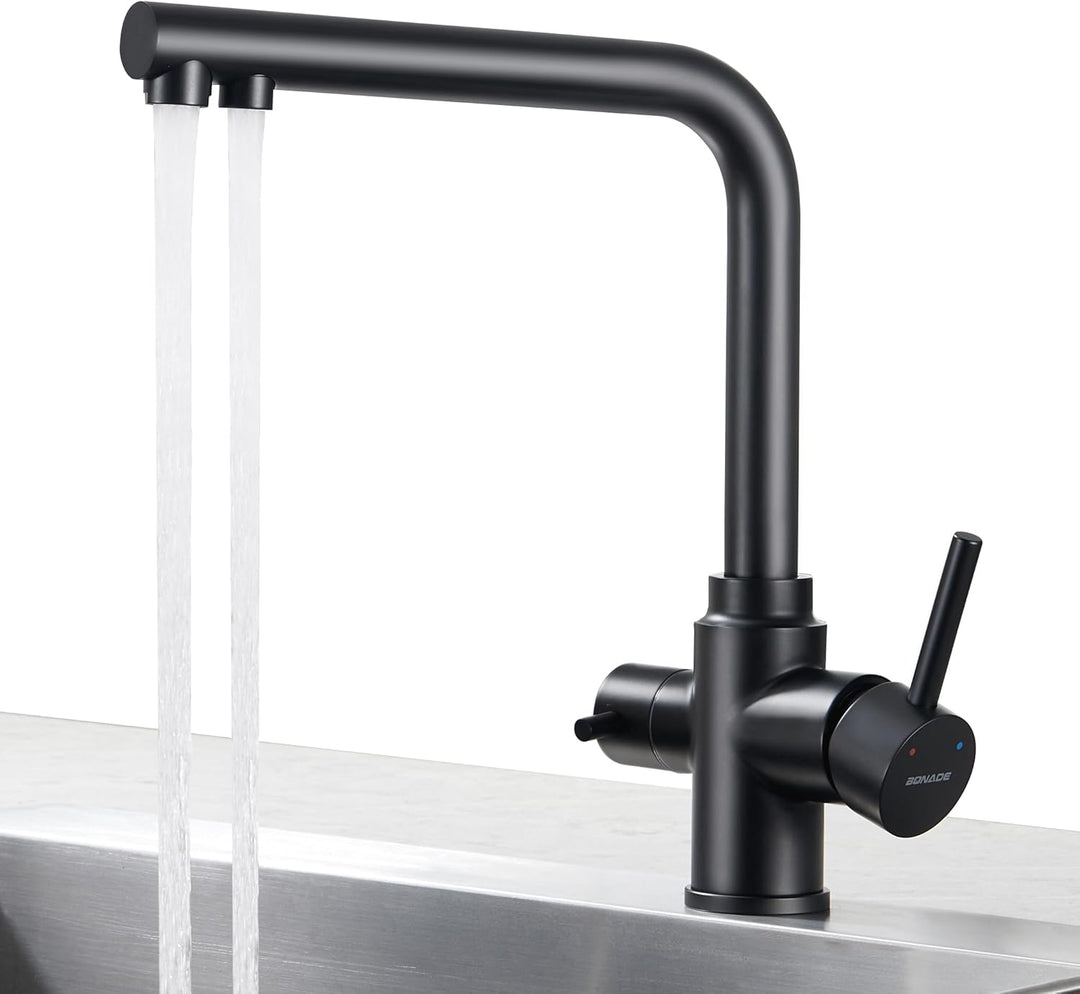 BONADE 3 Wege Wasserhahn Schwarz Matt, 360° Drehbar Küchenarmatur Trinkwasserhahn mit 2 Hebel, Misch