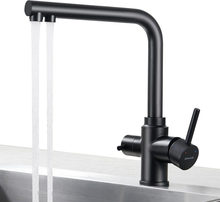 BONADE 3 Wege Wasserhahn Schwarz Matt, 360° Drehbar Küchenarmatur Trinkwasserhahn mit 2 Hebel, Misch