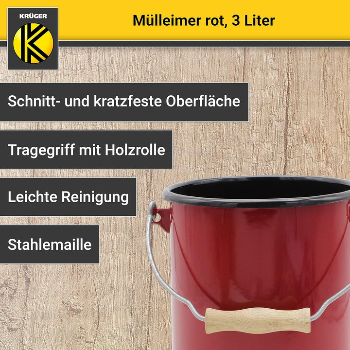 KRÜGER Mülleimer mit Deckel - Stahl Abfalleimer mit Emaille-Beschichtung und Holzgriff - schnitt- un