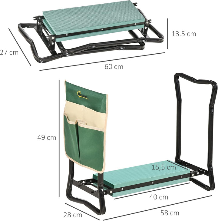 Outsunny Kniebank, Klappbarer Gartenhocker, 2-in-1, Kniehilfe, mit Werkzeugtasche, Eva-Schaumstoff,