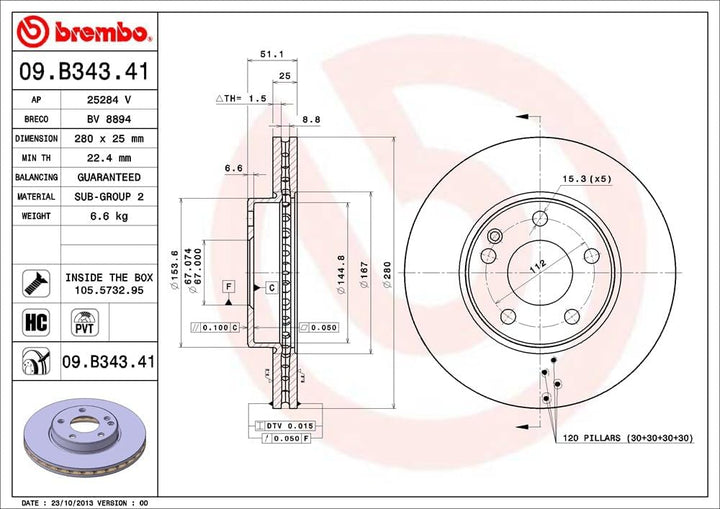 Brembo 09.B343.41 Vordere Bremsscheibe mit UV Lackierung, Anzahl 2