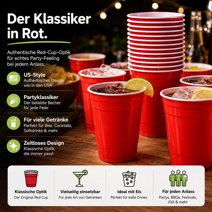 Red Cups extra stark – 473 ml / 16 oz Beer Pong Becher, wiederverwendbare Partybecher, rote Plastikb