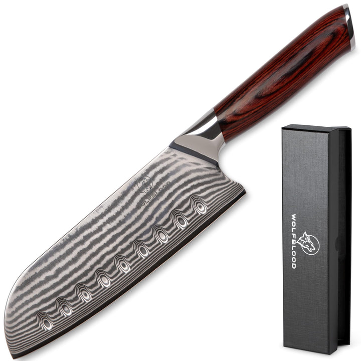 Wolfblood Damastmesser Santoku Messer XL (30cm) TÜV geprüfter 62 HRC Damaststahl aus 67 Lagen I Dama