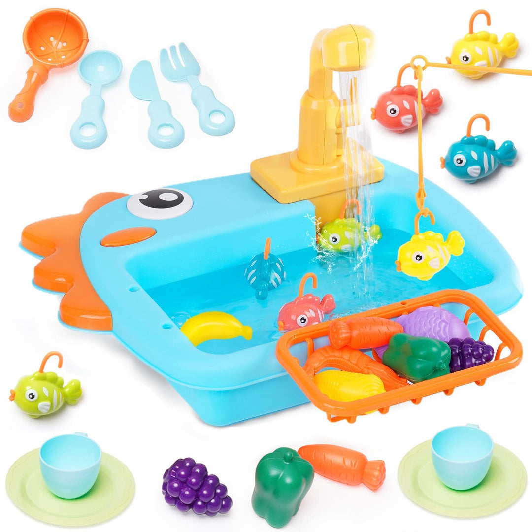 Küchenspüle Spielzeug Set mit Angelspiel, Kinderspüle mit Fliessendem Wasser, Spülbecken Kinderküche