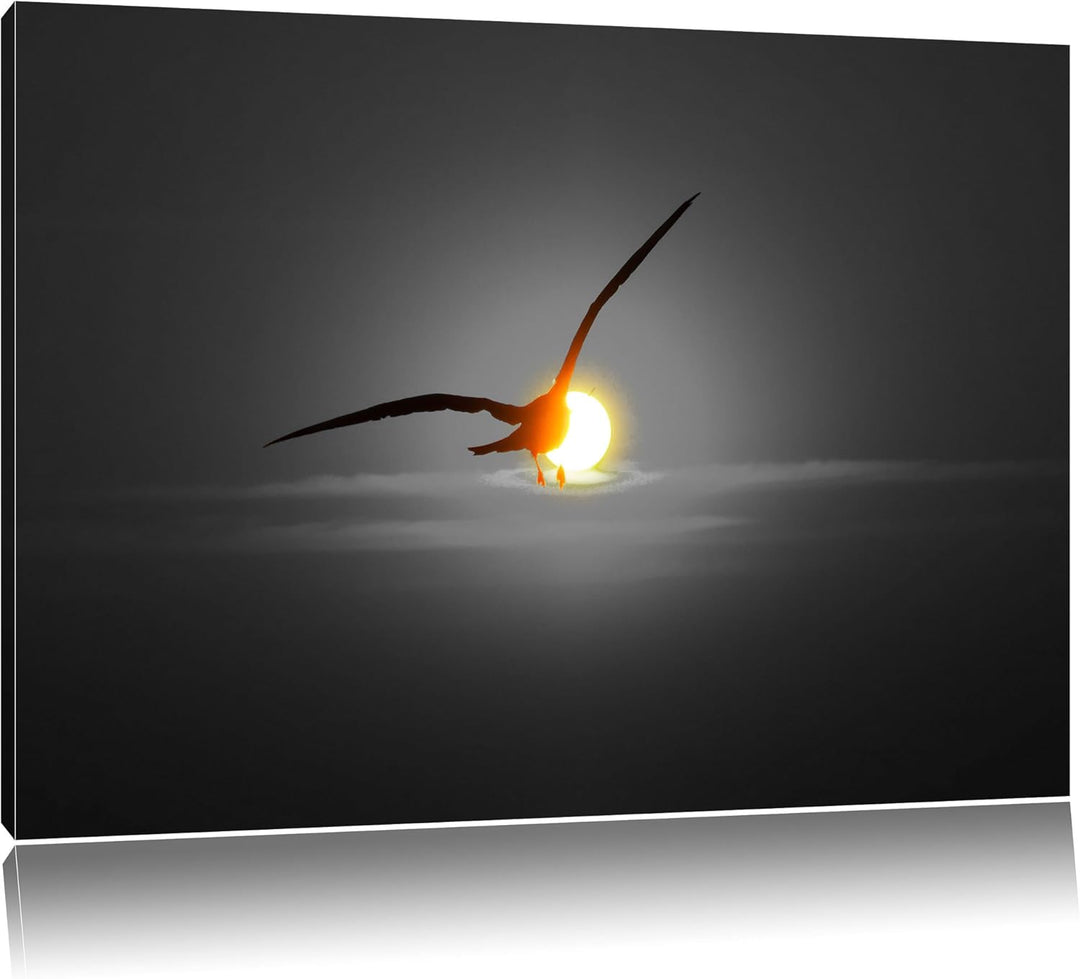 Pixxprint Möwe fliegt in den Sonnenuntergang als Leinwandbild | Grösse: 100x70 cm | Wandbild | Kunst