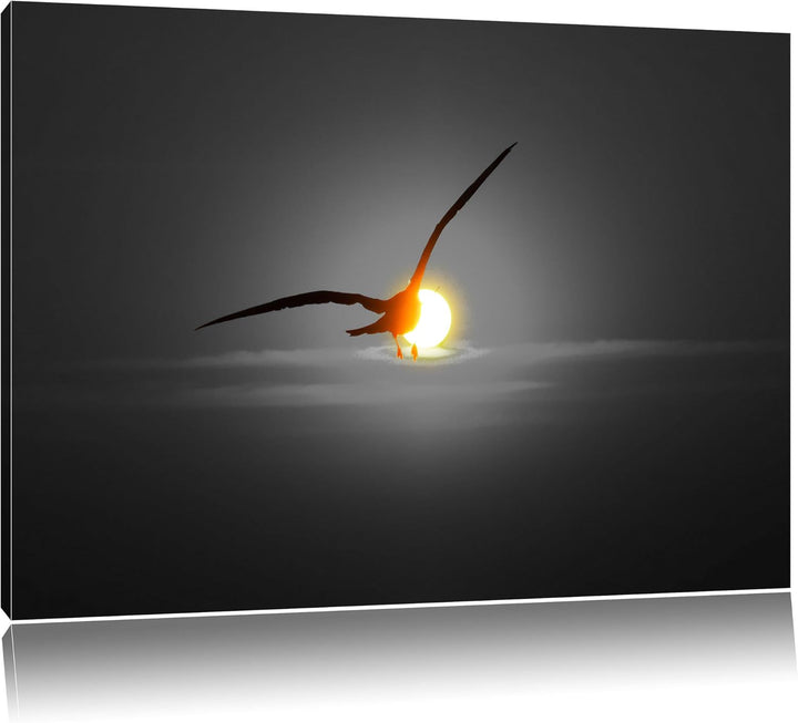 Pixxprint Möwe fliegt in den Sonnenuntergang als Leinwandbild | Grösse: 100x70 cm | Wandbild | Kunst