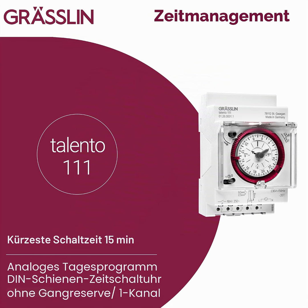 GRÄSSLIN 01.28.0001.1 talento 111- analoge Verteilerschaltuhr mit Tagesprogramm I 3TE I 1-Kanal I Mo
