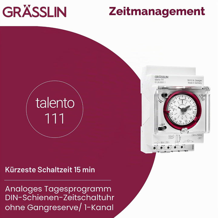 GRÄSSLIN 01.28.0001.1 talento 111- analoge Verteilerschaltuhr mit Tagesprogramm I 3TE I 1-Kanal I Mo