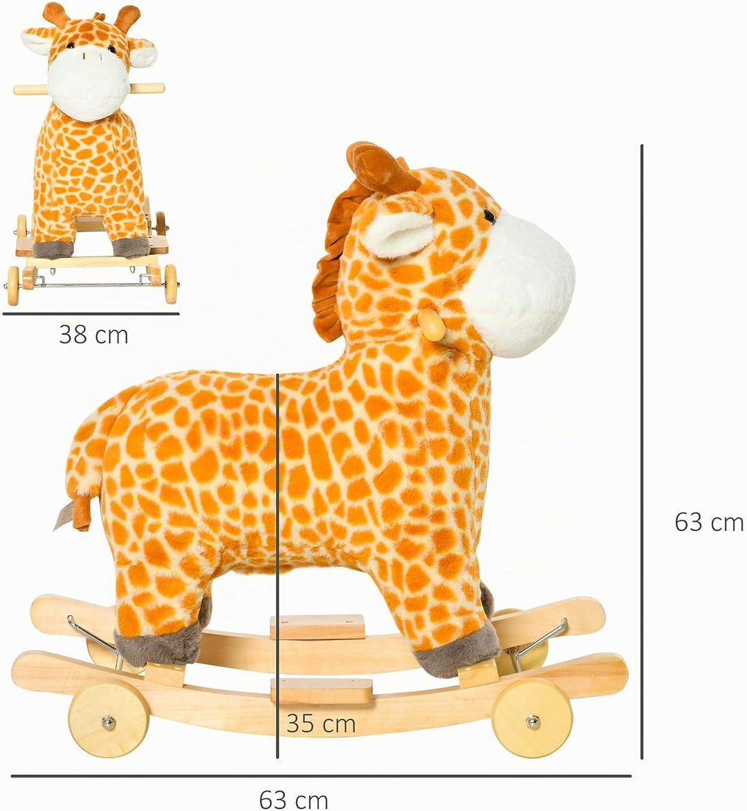 HOMCOM 2-IN-1 Schaukelpferd mit Räder Plüsch Schaukeltier Babyschaukel Spielzeug Gelb 63 x 38 x 63 c