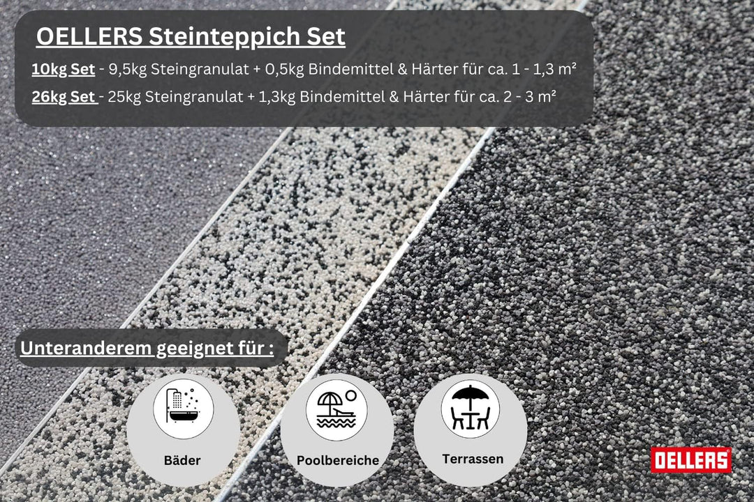 OELLERS Steinteppich Set, Schwarz, 10kg, fugenlose 2k Boden-beschichtung für Innen &amp; Aussen, auf Epo