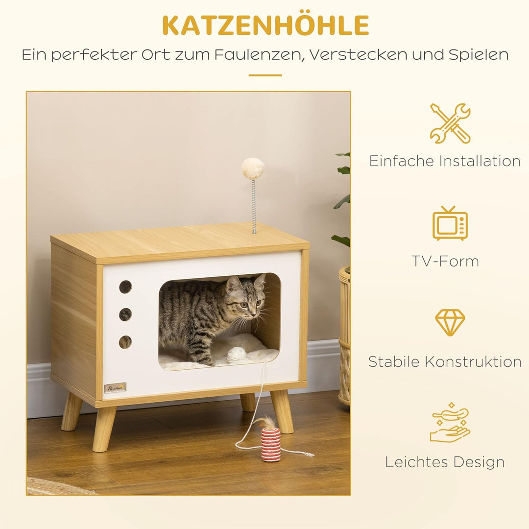 PawHut Katzenhaus, Katzenkiste TV-förmige mit Spielball, Kratzmatte Indoor Katzenhütte Katzenschrank