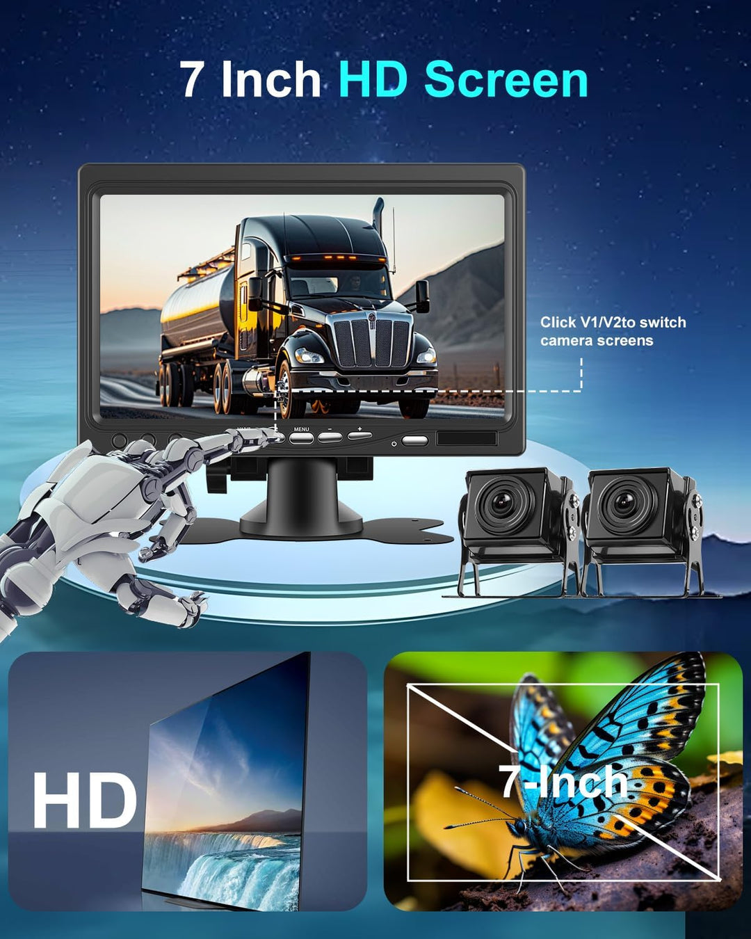 NHOPEEW Rückfahrkamera Kit mit 7 Zoll Monitor - Double 1080P Backup-Kamera Unterstützung IP69 wasser