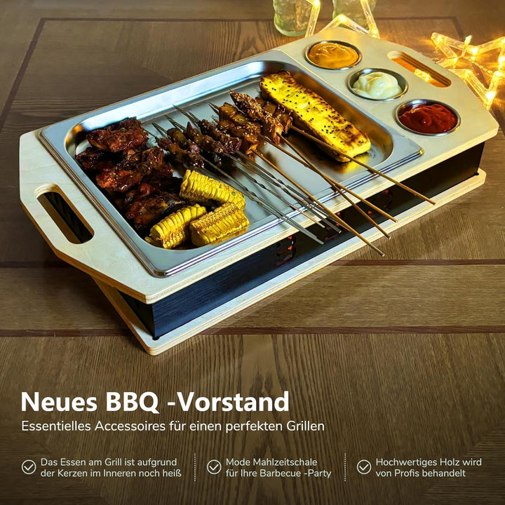 Fleischwarmhalter fürs Grillen, BBQ Board mit Edelstahl Schälchen, Umweltfreundliche Materialien, Gr