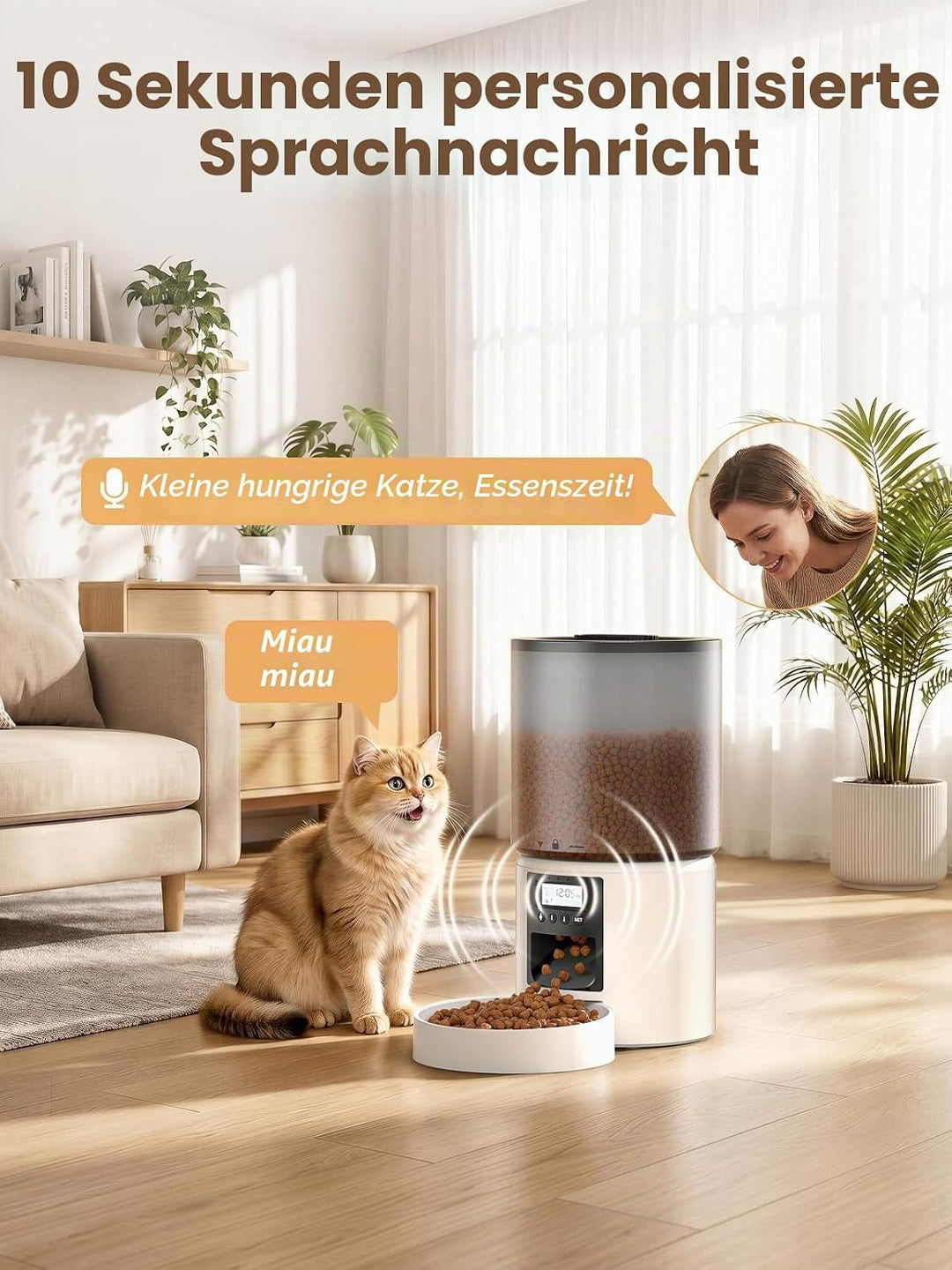 Futterautomat Katze 4L mit Timer, Katzenfutter Automat programmierbar 1–6 Fütterungen Portionskontro