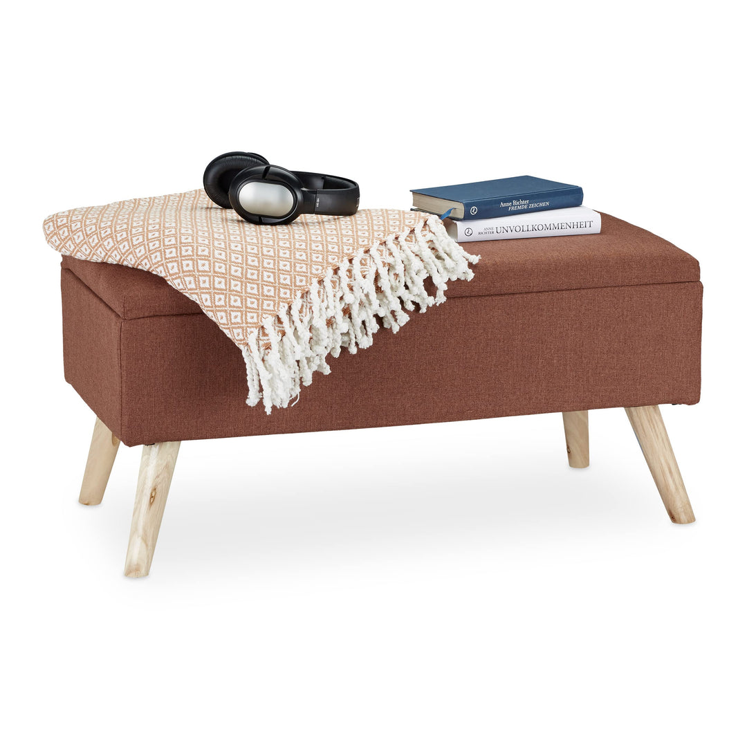 Relaxdays, braun Sitzbank mit Stauraum, gepolstert, Holzbeine, Truhenbank Stoffbezug, H x B x T: 39,