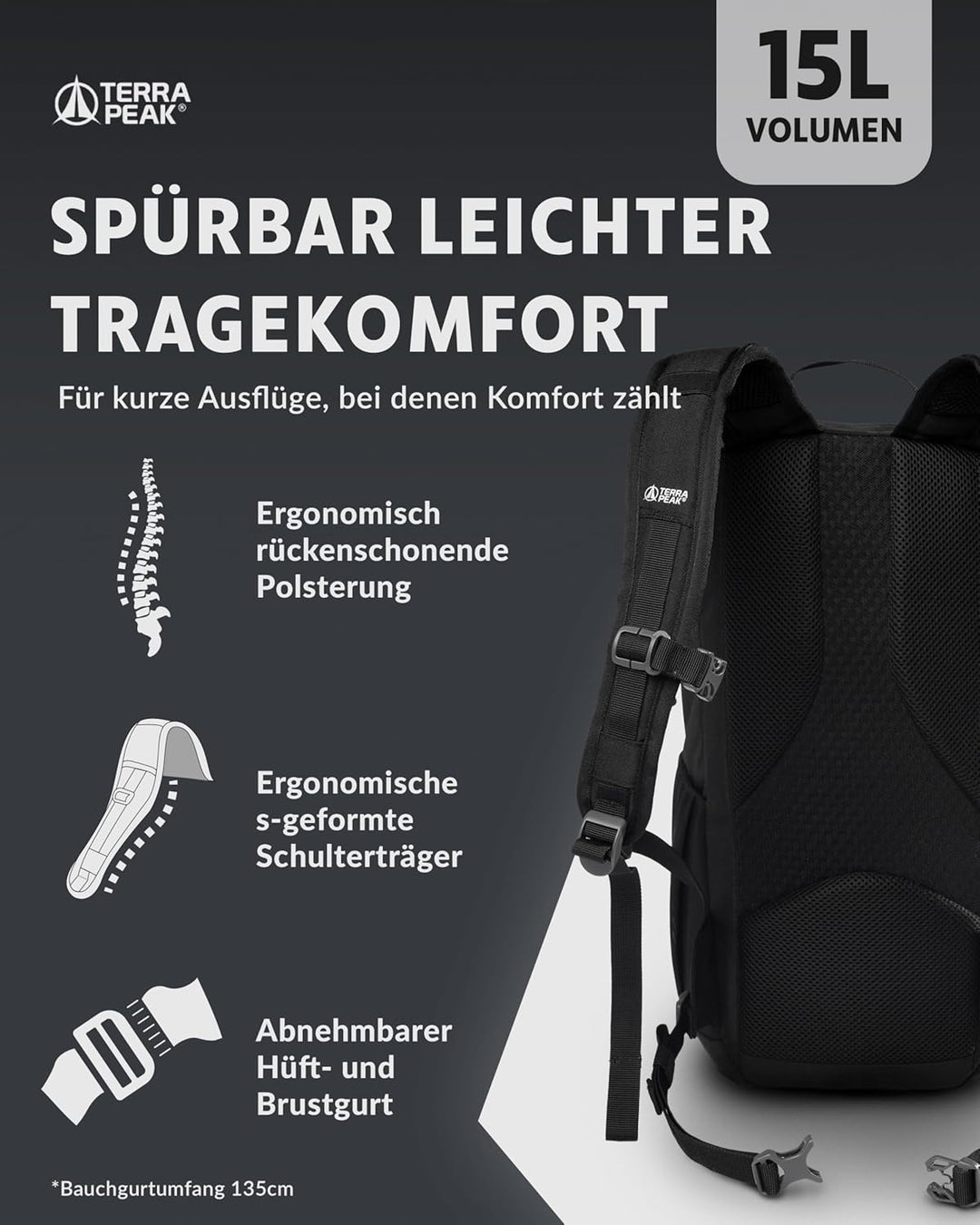Terra Peak® Premium Wanderrucksack 15L (AREN) für Damen & Herren klein & extra leicht mit Rückenbelü