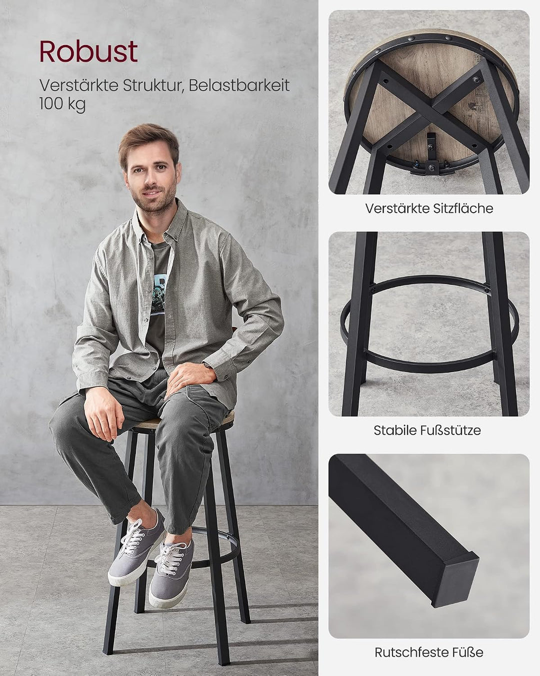 VASAGLE Barhocker, 2er Set, Barstuhl, Küchenstuhl mit Metallgestell, Sitzhöhe 73 cm, einfache Montag