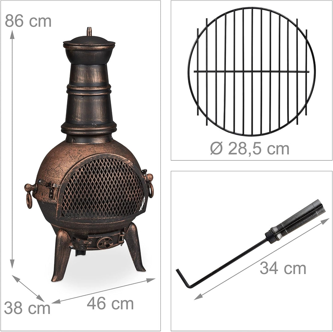 Relaxdays Terrassenofen, Aztekenofen mit Schürhaken, Gusseisen, Funkenschutz, für Garten, HxBxT: 86x