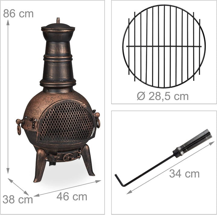Relaxdays Terrassenofen, Aztekenofen mit Schürhaken, Gusseisen, Funkenschutz, für Garten, HxBxT: 86x